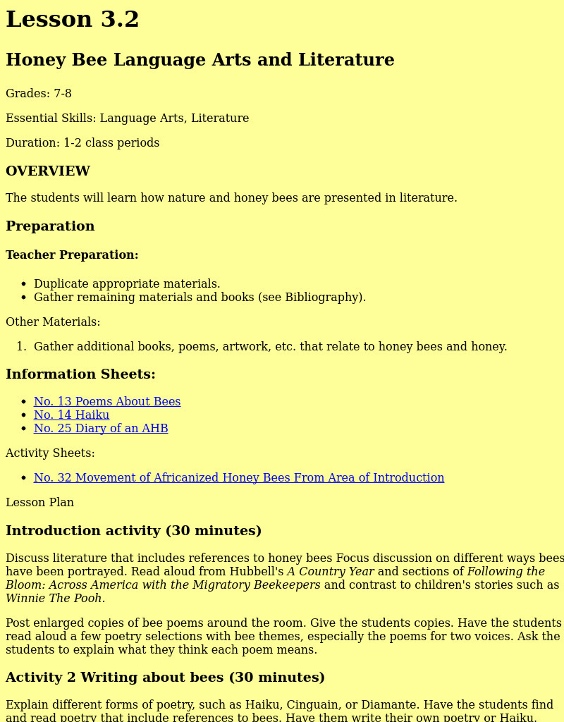 Honey Bee Language Arts And Literature Lesson Plan