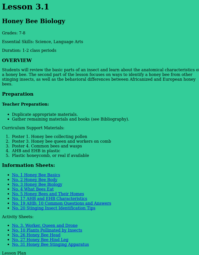 Honey Bee Biology Lesson Plan