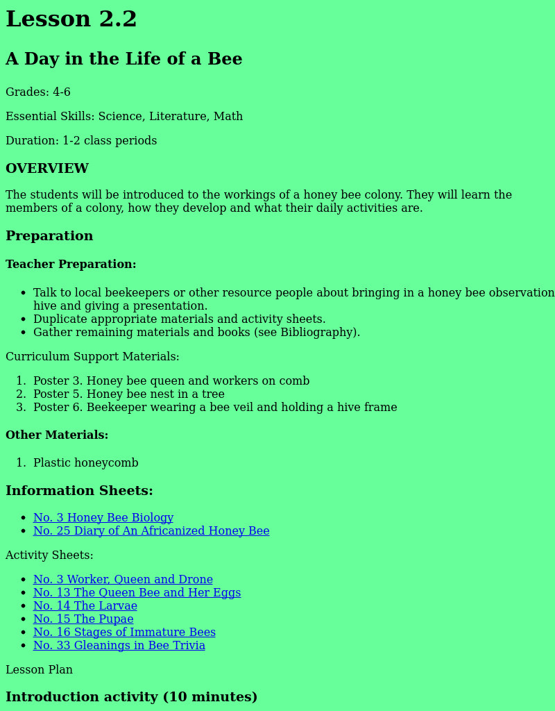 A Day in the Life of a Bee Lesson Plan