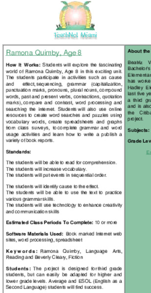 Ramona Quimby, Age 8 Lesson Plan