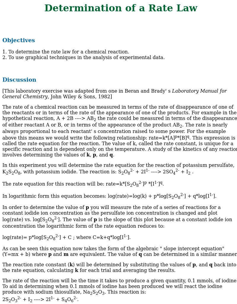 Determination of a Rate Law Lesson Plan
