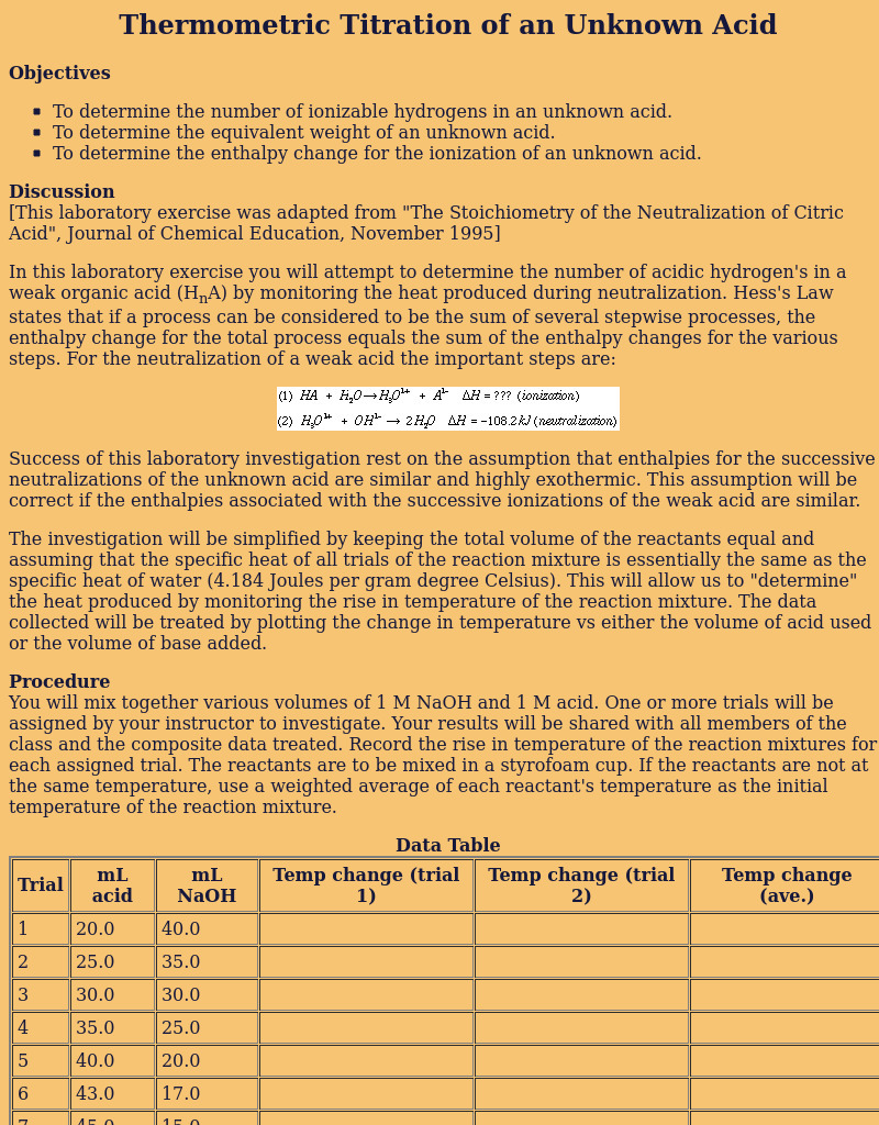Thermometric Titration of an Unknown Acid Lesson Plan