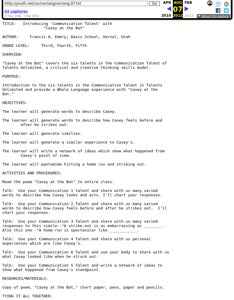 Introducing 'Communication Talent' with "Casey at the Bat" Lesson Plan