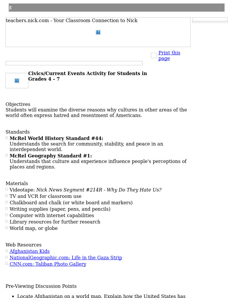 Civics/Current Events Activity for Students in Grades 4 - 7 Lesson Plan