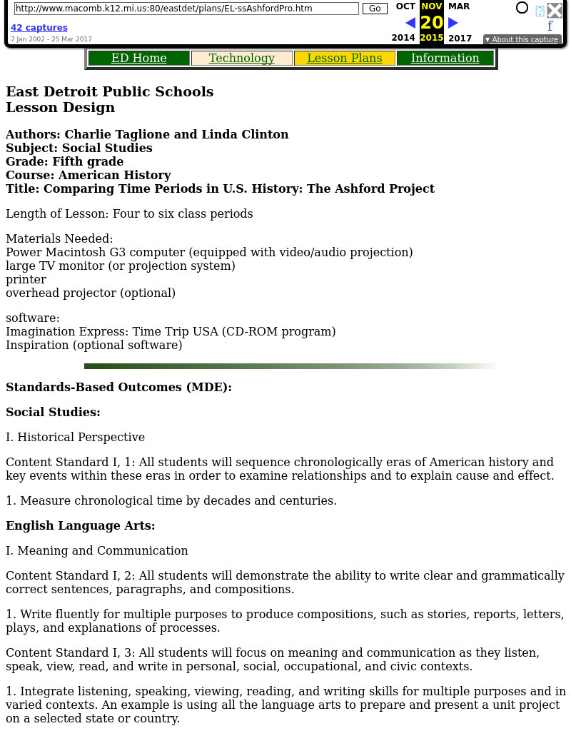 Comparing Time Periods in U.S. History: The Ashford Project Lesson Plan