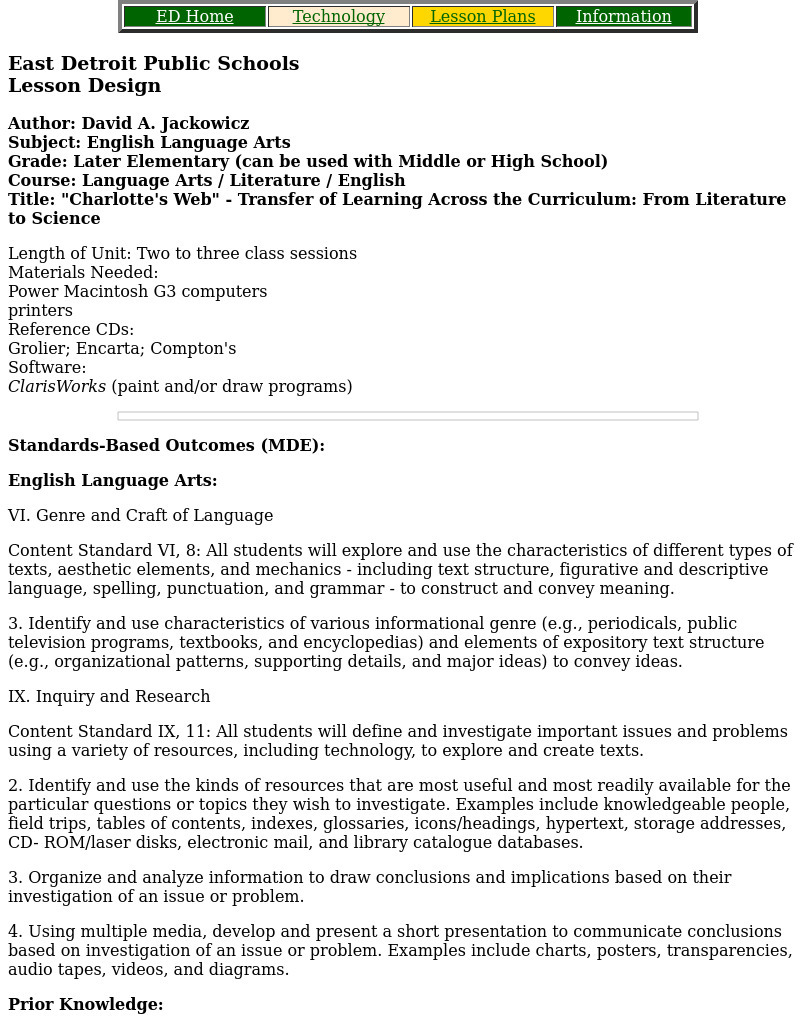 "Charlotte's Web" - Transfer of Learning Across the Curriculum: From Literature to Science Lesson Plan