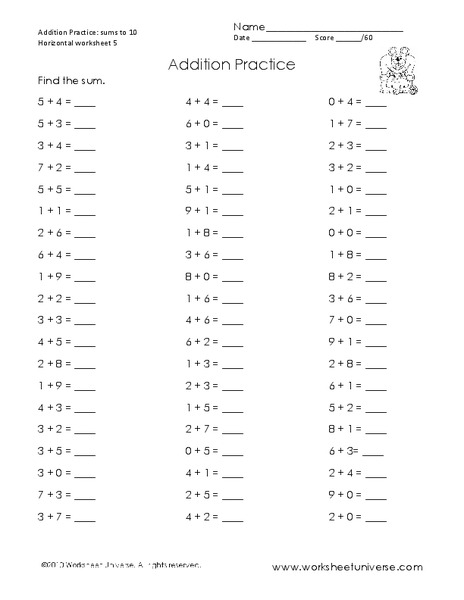 Addition practice - one digit numbers Worksheet