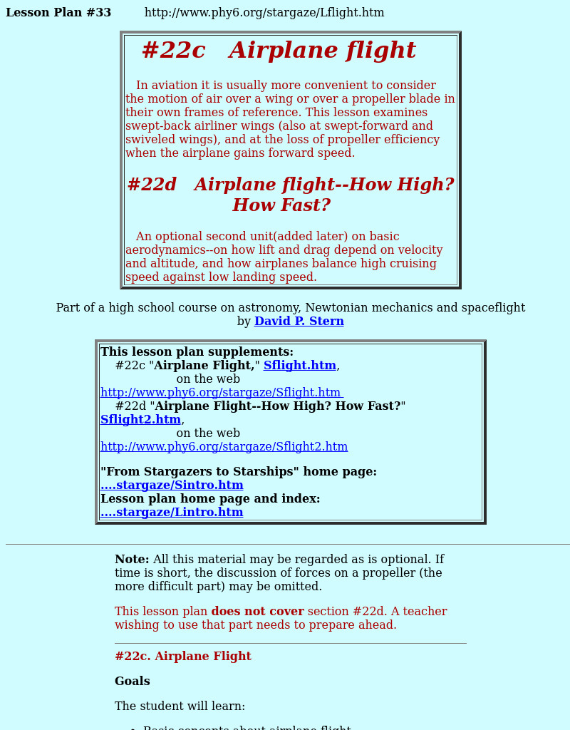#22c  Airplane flight  #22d  Airplane flight--How High?  How Fast? Lesson Plan