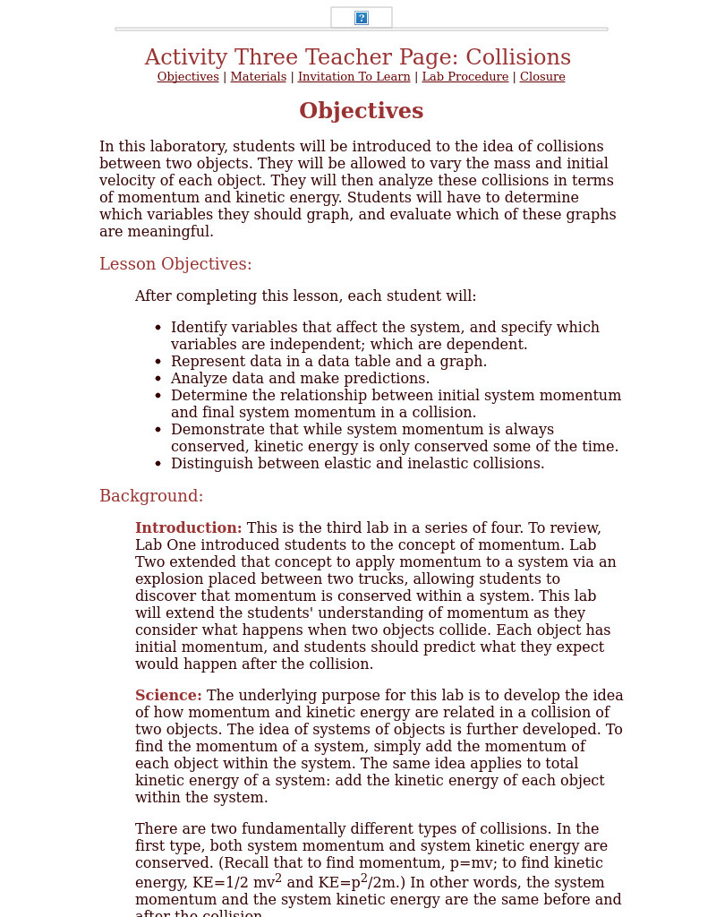Activity Three Teacher Page: Collisions Lesson Plan