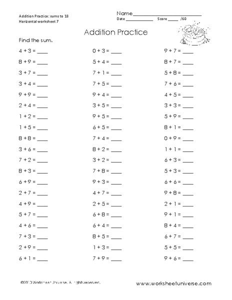 Addition practice - one digit numbers Worksheet