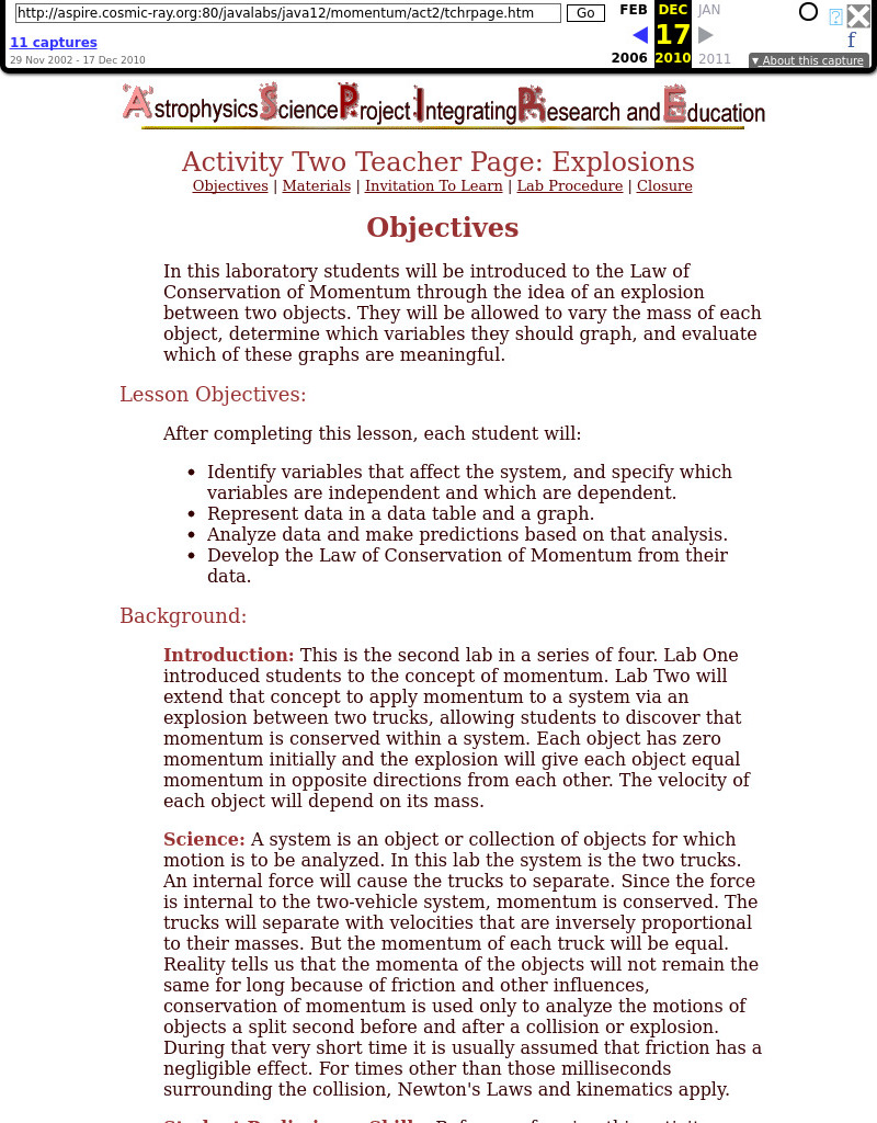 Activity Two Teacher Page: Explosions Lesson Plan