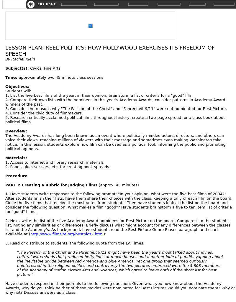 REEL POLITICS: HOW HOLLYWOOD EXERCISES ITS FREEDOM OF SPEECH Lesson Plan