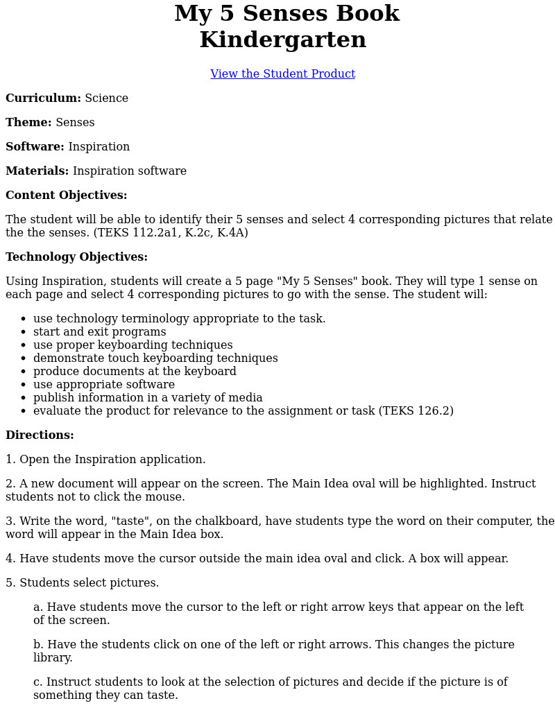 My 5 Senses Book Lesson Plan