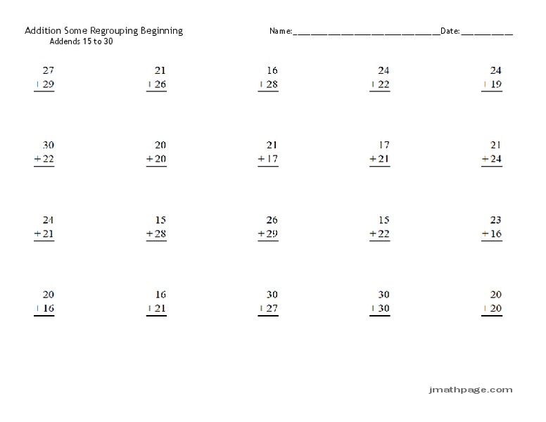 Addition Some Regrouping Beginning Worksheet