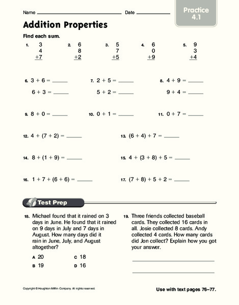 Addition Properties Worksheet
