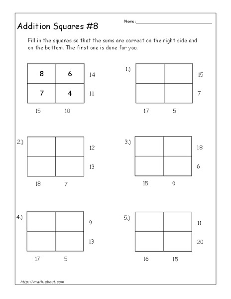 Addition Squares Worksheet