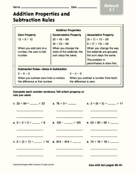 Addition Properties and Subtraction Rules Worksheet
