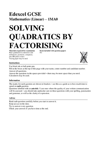 Solving Quadratics by Factorising Assessment