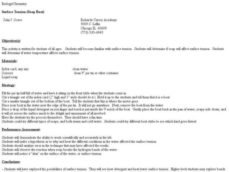 Surface Tension (Soap Boat) Lesson Plan
