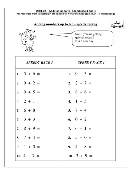 Addition Up To 10: Speed Race 3 And 4 Worksheet