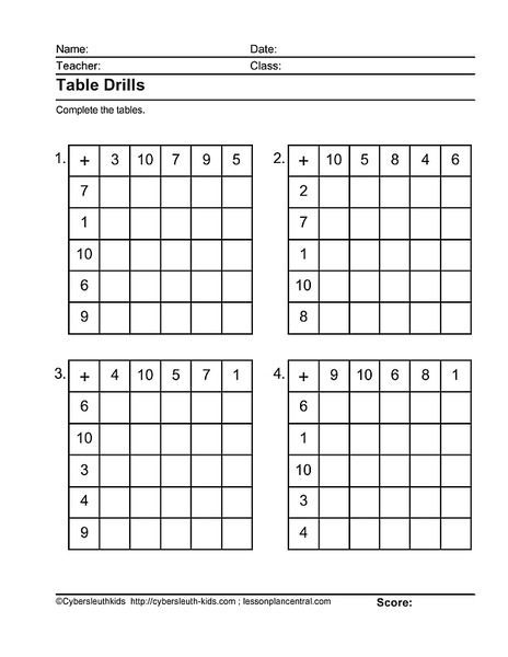 Addition Tables Worksheet