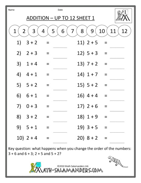 Addition—Up to 12 Sheet 1 Worksheet